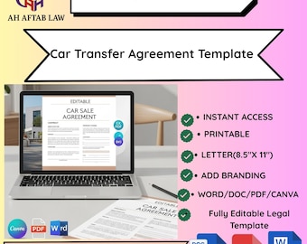 Modelo de Contrato de Transferência de Veículo | Contrato de Compra e Venda de Veículo Editável | Formulário Jurídico do Canva