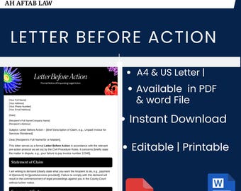 May include: A digital document titled "Letter Before Action" with the text "Attorney Written" and "AH AFTAB LAW." The document is available in PDF and Word formats, and is editable and printable. The document includes a section for the recipient's information and a statement of claim.
