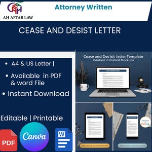 Może przedstawiać: Reklama szablonu "Wezwania do zaprzestania naruszeń". Obraz przedstawia laptop, tablet i smartfon wyświetlające dokument, a także ikony formatów plików PDF, Canva i Word. Tekst zawiera "Attorney Written", "Editable | Printable" i "Instant Download".