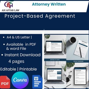 May include: A navy blue graphic with the text "Attorney Written Project-Based Agreement" and the AH AFTAB LAW logo. The image includes a list of features: A4 & US Letter, PDF & Word File, Instant Download, 4 pages, Editable, and Printable. There are also images of a laptop, tablet, and coffee cup.