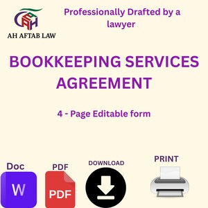 Bookkeeping Services Agreement Template - Editable PDF & Word Contract for Small Business Freelancers