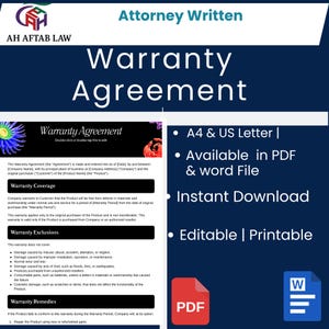 May include: A digital "Warranty Agreement" document, labelled "Attorney Written." Available in PDF and Word formats, it's editable and printable. The document includes sections on warranty coverage, exclusions, and remedies. It is available in A4 and US Letter sizes.