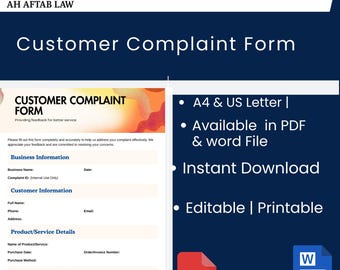 Customer Complaint Form: Professional Printable Template (Instant Download)