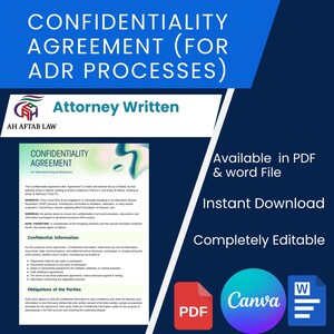 Könnte beinhalten: Ein blau-weißes Dokument mit dem Titel "VERTRAULICHKEITSVEREINBARUNG (FÜR ADR-VERFAHREN)" mit dem Text "Vom Anwalt verfasst" und "Verfügbar als PDF & Word-Datei". Das Dokument ist vollständig editierbar und sofort zum Download verfügbar.
