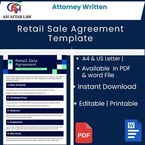 May include: A dark blue document titled "Retail Sale Agreement Template" with the text "Attorney Written." Features include A4 & US Letter, PDF & Word file availability, instant download, and editability. A PDF icon is visible.