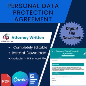 Op de afbeelding: Een digitale downloadafbeelding voor een "Personal Data Protection Agreement". Het ontwerp bevat de tekst "Attorney Written", opsommingstekens en pictogrammen voor PDF-, Canva- en Word-bestanden. Er wordt ook een turquoise en wit document getoond.