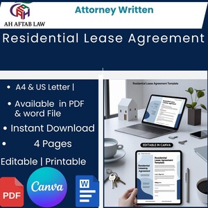 May include: A digital document titled "Residential Lease Agreement" with the text "Attorney Written." The image includes a laptop and tablet displaying the agreement template. Additional text includes "A4 & US Letter," "Available in PDF & word File," "Instant Download," and "Editable | Printable."