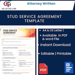 Könnte beinhalten: Ein blau-weißes Dokument mit dem Titel „STUD SERVICE AGREEMENT TEMPLATE“ mit dem Text „Attorney Written“ oben. Das Dokument ist in PDF- und Word-Dateiformaten verfügbar, ist bearbeitbar und druckbar.
