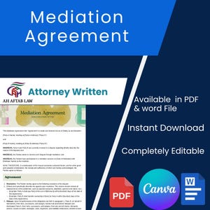 Può includere: Un modello digitale di Accordo di Mediazione con il testo "Mediation Agreement" e "Attorney Written". Il documento è disponibile in formato PDF e Word ed è completamente modificabile. Include un'icona PDF, Canva e Word.