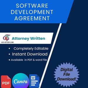 May include: A digital graphic with the text "SOFTWARE DEVELOPMENT AGREEMENT" in white on a blue background. The image includes the text "Attorney Written" and "Completely Editable, Instant Download, Available in PDF & word File."
