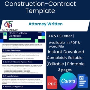 Construction Contract Template (PDF Download | Editable | A4  US Letter)