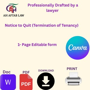 Plantilla de aviso de desalojo para inquilinos: carta de rescisión legal del contrato de alquiler, aviso de desalojo, fin del contrato de alquiler, imprimible para Reino Unido, EE. UU. y Emiratos Árabes Unidos.