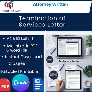 May include: A digital template for a Termination of Services Letter, written by an attorney. The design includes the text "Termination of Services Letter", "A4 & US Letter", and "Instant Download". Available in PDF and Word file formats, and editable in Canva.
