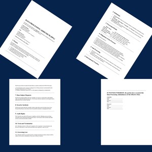May include: Four white documents with black text are arranged on a dark blue background. The documents include the title "DATA PROCESSING ADDENDUM (DPA)" and sections on data processing details, obligations, and security incidents.
