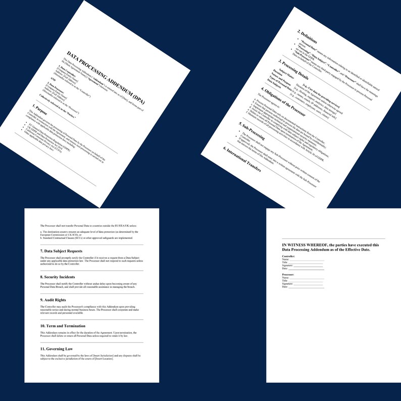 May include: Four white documents with black text are arranged on a dark blue background. The documents include the title "DATA PROCESSING ADDENDUM (DPA)" and sections on data processing details, obligations, and security incidents.