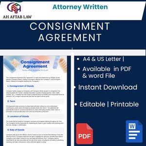 May include: A digital consignment agreement template with the text "Consignment Agreement". The document is available in PDF and Word formats, and is editable and printable. The document is written by an attorney and is available for instant download.