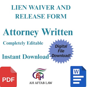 Op de afbeelding: Een digitaal document met de titel "LIEN WAIVER AND RELEASE FORM" en de beschrijving "Attorney Written". Bevat een PDF-pictogram, een logo en een Word-documentpictogram. Bevat de zinnen "Completely Editable" en "Instant Download".