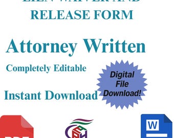 Könnte beinhalten: Ein digitales Dokument mit der Bezeichnung "LIEN WAIVER AND RELEASE FORM" und der Beschreibung "Attorney Written". Enthält ein PDF-Symbol, ein Logo und ein Word-Dokument-Symbol. Enthält die Sätze "Completely Editable" und "Instant Download".