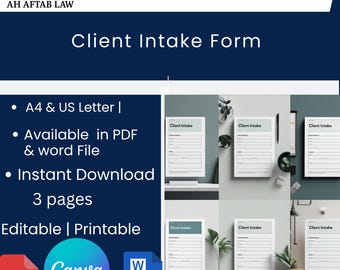 May include: A digital Client Intake Form, attorney-written, available in PDF and Word file formats. Features include A4 & US Letter sizes, instant download, and editable/printable options. The design includes the AH AFTAB LAW logo and Canva and PDF icons.