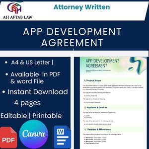 May include: A blue and white document titled "APP DEVELOPMENT AGREEMENT" with the text "Attorney Written" at the top. The document is available in PDF and Word file formats, and is editable and printable. Includes a Canva and PDF logo.