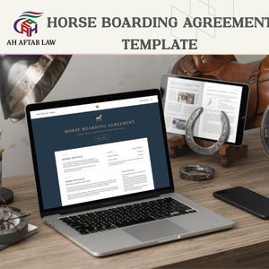 May include: A laptop displaying a "Horse Boarding Agreement" template sits on a wooden desk. A tablet with a horseshoe and a smartphone are also on the desk. The text "Horse Boarding Agreement Template" is visible at the top of the image.