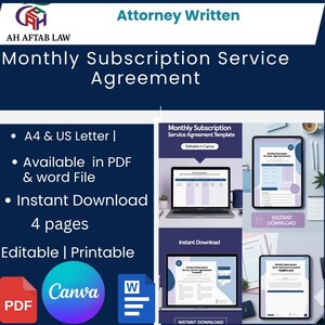 May include: A digital template for a Monthly Subscription Service Agreement, attorney-written. The design features a dark blue background with white text, including "Attorney Written" and "Monthly Subscription Service Agreement." It is available in PDF and Word formats, A4 & US Letter size, and is editable and printable.