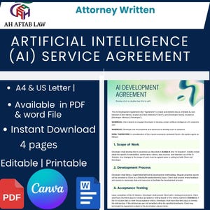 May include: A digital AI Service Agreement template, available in PDF and Word formats. The document is four pages long and is editable and printable. The design includes a logo, text, and icons for PDF, Canva, and Word.