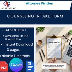 Counseling Intake Form, Informed Consent for Counseling and Psychotherapy, Mental Health Intake Form Template, Editable, Printable,