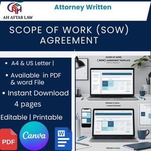 以下が含まれることがあります： 「Attorney Written」と「SCOPE OF WORK (SOW) AGREEMENT」のテキストが入った濃い青色のグラフィック。画像には、ラップトップ、電話、ドキュメントのモックアップが含まれています。ドキュメントはPDFおよびWordファイル形式で利用でき、編集可能で印刷可能で、すぐにダウンロードできます。