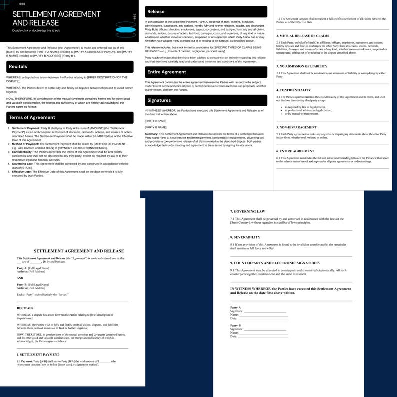 Settlement Agreement and Release Template – Downloadable Legal Form for ...