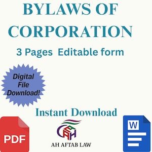 May include: A digital document titled "BYLAWS OF CORPORATION" with the text "3 Pages Editable form." Includes a blue starburst graphic with "Digital File Download!" and a red PDF icon. Also includes a Word document icon and the text "Instant Download."