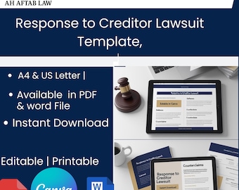 May include: A digital template for a Response to Creditor Lawsuit, attorney-written. The image shows a gavel, a laptop, and a tablet displaying the template. The template is available in PDF and Word file formats, and is editable and printable.