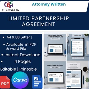 Può includere: Un modello digitale per un accordo di partnership limitata, scritto da un avvocato. Il design include il testo "Limited Partnership Agreement" e dettagli come A4 e US Letter, disponibilità di file PDF e Word e download immediato. Il modello è modificabile e stampabile.