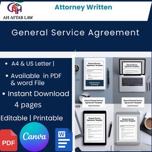 May include: A dark blue graphic with the text "Attorney Written" and "General Service Agreement." The image includes a logo and details about the agreement, such as PDF and Word file availability, instant download, and editable/printable features.