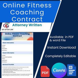 以下が含まれることがあります： オンラインフィットネスコーチング契約の青と白のグラフィック。テキストは「Online Fitness Coaching Contract」と「Attorney Written」と書かれています。PDFとWordファイル形式で利用でき、完全に編集可能です。PDF、Canva、Wordのアイコンが含まれています。