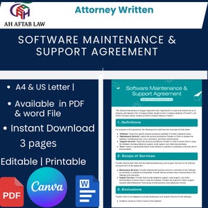 May include: A digital document titled "Software Maintenance & Support Agreement" with the AH AFTAB LAW logo. The document is available in PDF and Word file formats, and is editable and printable. It includes sections on definitions, scope of services, and exclusions.