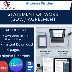 Może przedstawiać: Obraz marketingowy dla umowy Statement of Work (SOW). Projekt zawiera tekst "Attorney Written" i "Statement of Work (SOW) Agreement". Dodatkowy tekst obejmuje "A4 & US Letter", "Available in PDF & word File", "Instant Download" i "Editable | Printable".