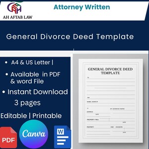 General Divorce Deed Template, Digital Download, Editable Divorce Agreement, Legal Separation Form, Settlement Contract PDF