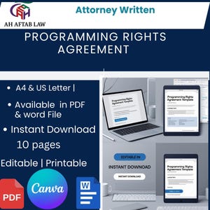 May include: A digital Programming Rights Agreement template, attorney-written, available in PDF and Word file formats. The design includes a laptop and tablet displaying the document, with the text "Instant Download" and "Editable | Printable."