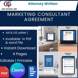 May include: A digital marketing consultant agreement template with the text "Attorney Written" and "Marketing Consultant Agreement." The image includes mockups of the agreement on a laptop, tablet, and phone. The template is available in PDF and Word formats.