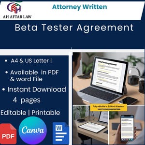 May include: A dark blue graphic with the text "Attorney Written" and "Beta Tester Agreement." Additional text includes "A4 & US Letter," "Available in PDF & word File," "Instant Download," and "4 pages." The image also shows a laptop and a smartphone displaying the agreement.