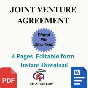 May include: A digital Joint Venture Agreement document with the text "Digital File Download!" and "4 Pages Editable form Instant Download." Includes PDF and Word file icons, and the AH AFTAB LAW logo.