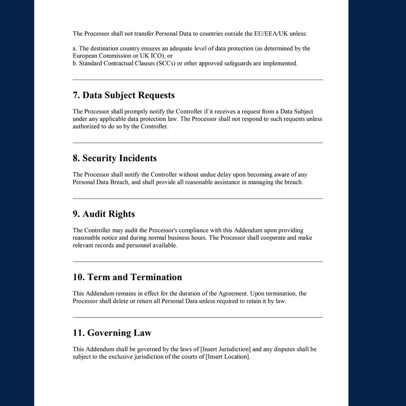 May include: A document with text detailing data protection clauses, including data subject requests, security incidents, audit rights, and governing law. The text is in black font on a white background.