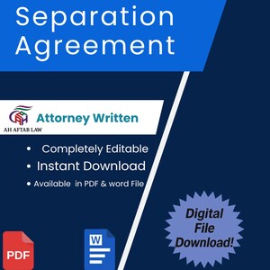 Puede incluir: Un gráfico digital con las palabras "Separation Agreement" en blanco sobre un fondo azul. La imagen incluye el texto "Attorney Written", "Completely Editable", "Instant Download" y "Available in PDF & word File". También hay un icono de archivo PDF y Word.