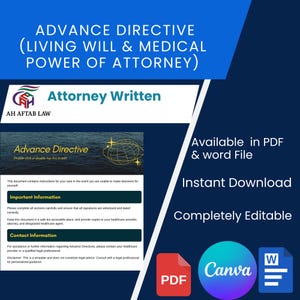May include: A dark blue graphic with the text "ADVANCE DIRECTIVE" and "Attorney Written." The document is available in PDF and Word file formats, and is completely editable. The image also includes the Canva and PDF logos.