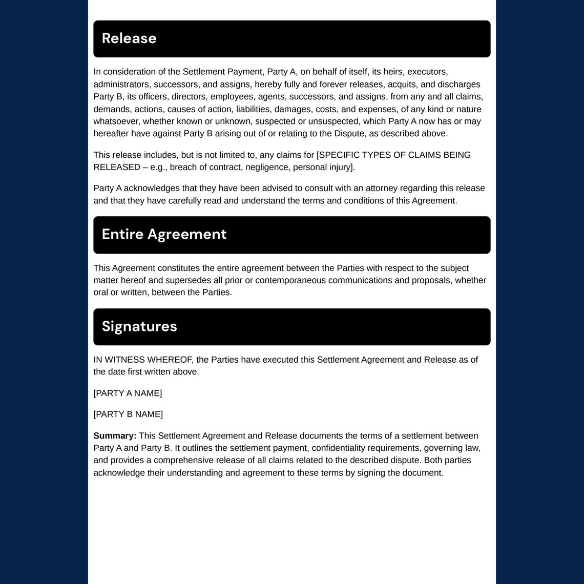 Settlement Agreement and Release Template – Downloadable Legal Form for ...