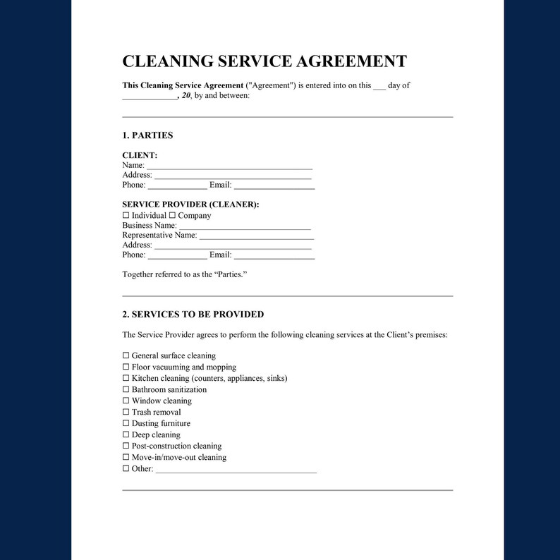 Editable Cleaning Service Agreement Template: Housekeeping Contract ...
