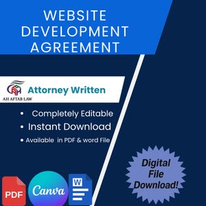 Può includere: Una grafica digitale con il testo "WEBSITE DEVELOPMENT AGREEMENT" in bianco su sfondo blu. L'immagine include il testo "Attorney Written" e "Completely Editable, Instant Download, Available in PDF & word File."