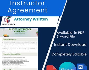 May include: A blue and white document titled "Pilates Instructor Agreement" with the text "Attorney Written." The document is available in PDF and Word file formats, and is completely editable. Includes a PDF, Canva, and Word icon.