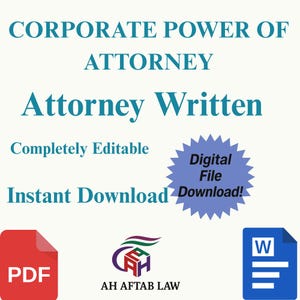 Könnte beinhalten: Grafik einer digitalen Datei mit dem Text "CORPORATE POWER OF ATTORNEY" und "Attorney Written". Enthält die Texte "Completely Editable" und "Instant Download". Ein blauer Stern sagt "Digital File Download!". Enthält PDF- und Word-Dateisymbole.